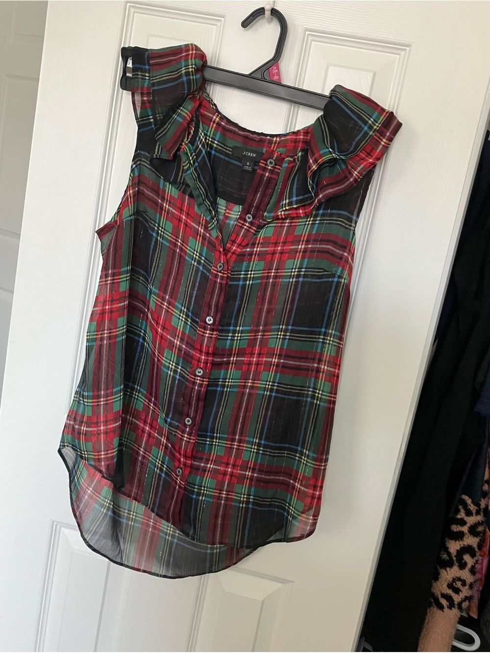 J.Crew Plaid Sleeveless Ruffle Blouse